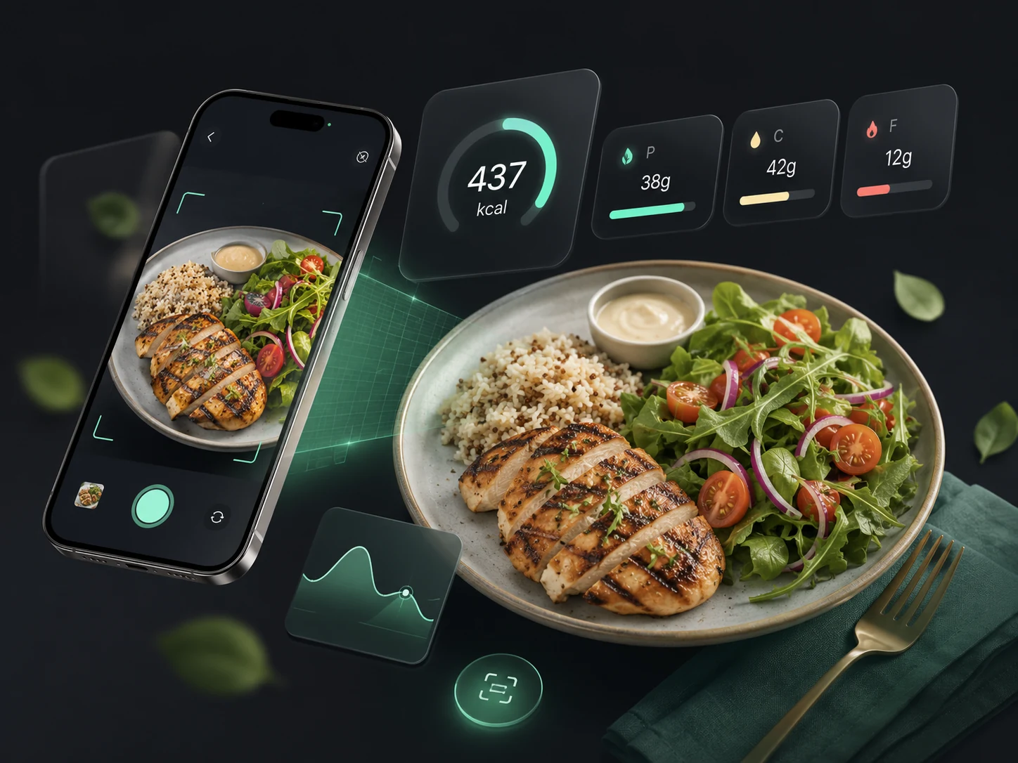 Смартфон анализирует тарелку с курицей, зернами и салатом и показывает калории и БЖУ